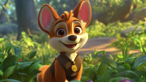 Smiling Cartoon Dog with Vest in Greenery