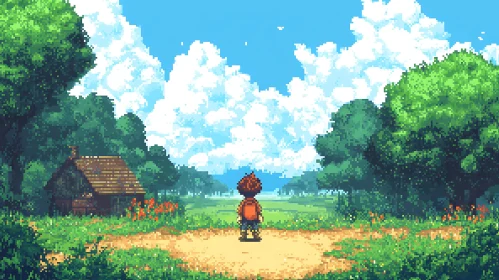 Pixel Child Gazing at Forest Meadow
