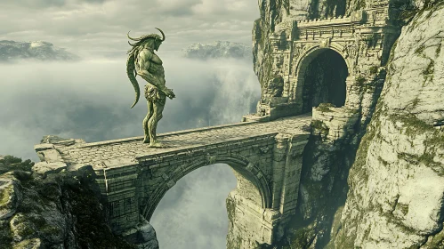 Fantasy Monster on Cliffside Bridge