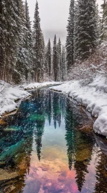 Serene Winter River with Snow-Covered Trees and Stunning Reflection