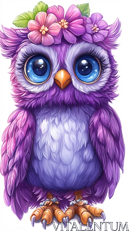 AI ART Purple Owl with Flower Crown Art