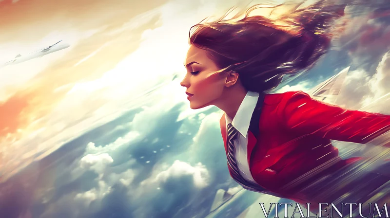 Soaring Woman in Red Suit AI Image