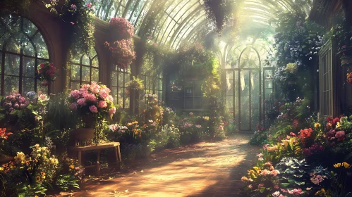 Sunlit Greenhouse: A Floral Paradise