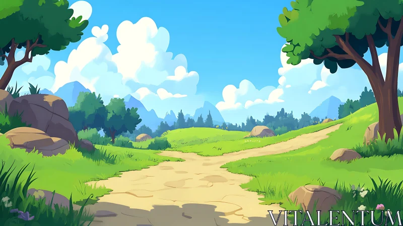 AI ART Cartoon Nature Scenery with Path and Sky