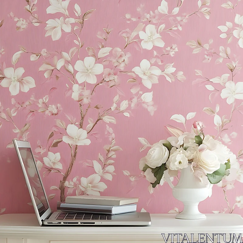 AI ART Pink Floral Study with Laptop and Books