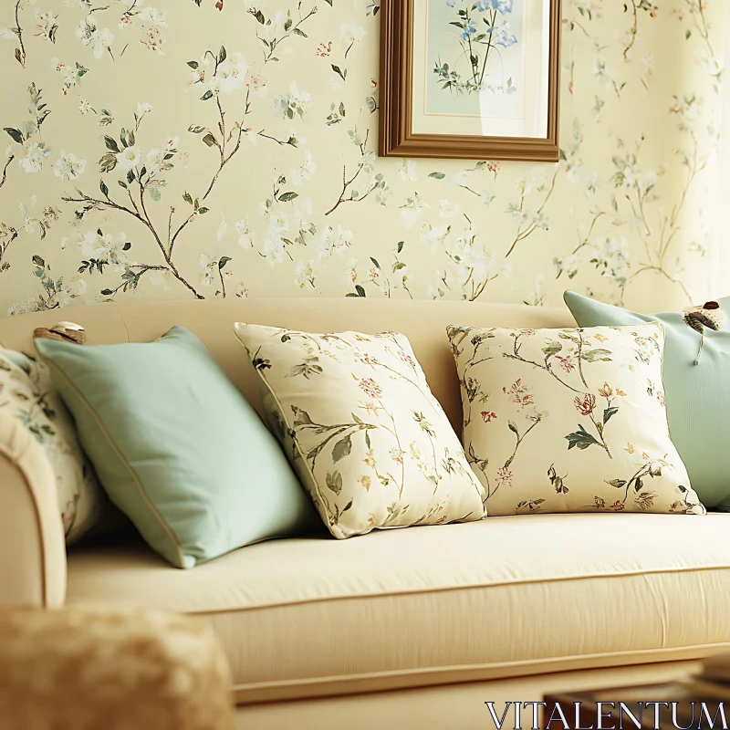 Floral Pillows on Sofa AI Image