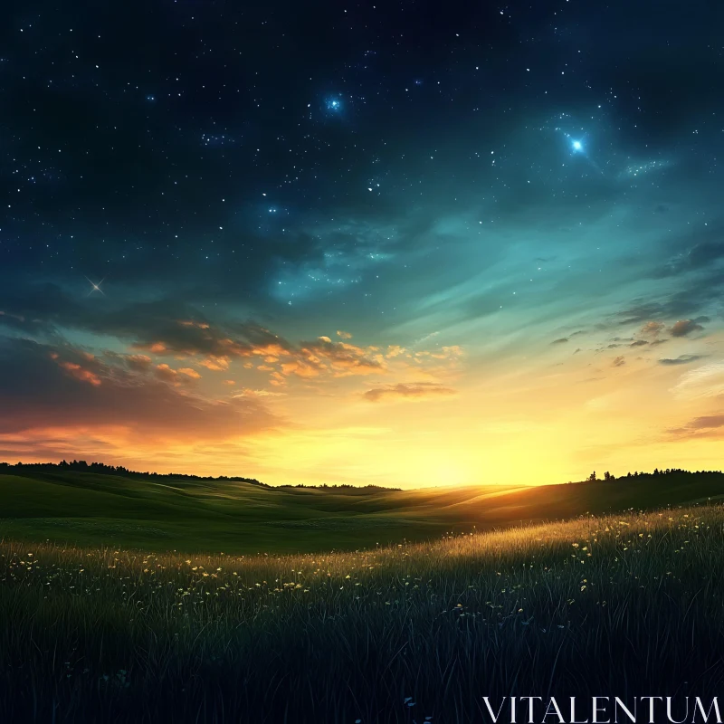 AI ART Evening Meadow Landscape with Sunset