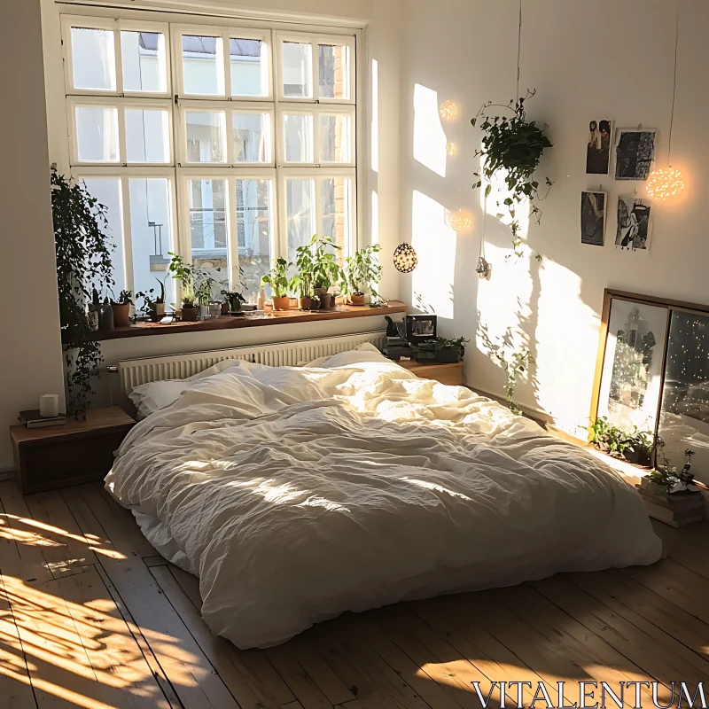 Sunlit Bedroom with Plants and White Bedding AI Image