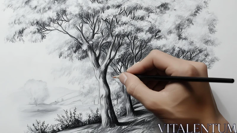 Detailed Pencil Drawing of Trees AI Image