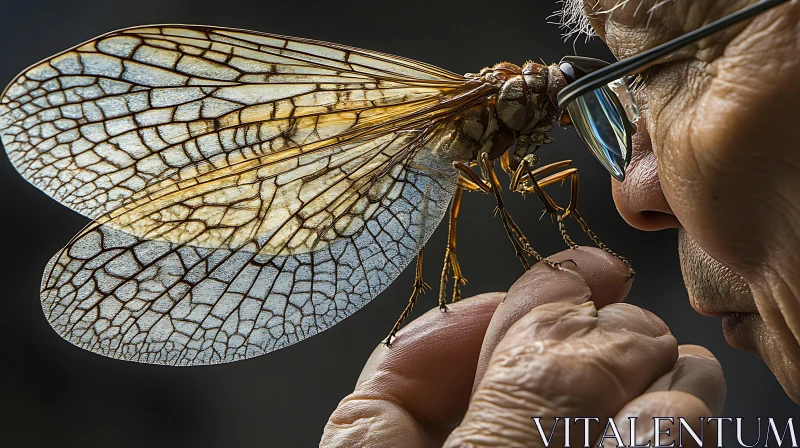 AI ART Man Interacting with Large Insect in Close-Up View