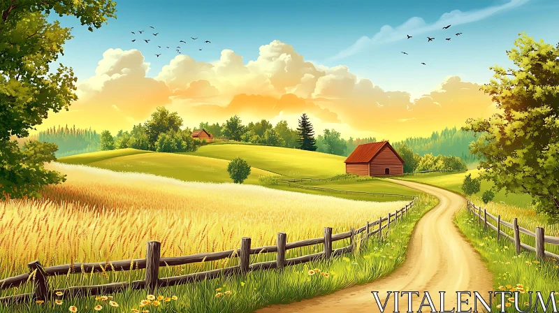 AI ART Golden Wheat Field and Rustic Barn View