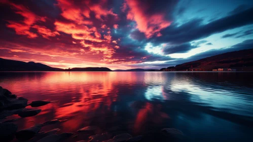 Captivating Sunset: Red and Blue Sky Above Tranquil Waters