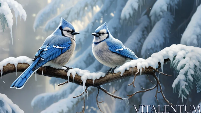 Charming Blue Birds on Snowy Branch: A Fantasy Artwork AI Image