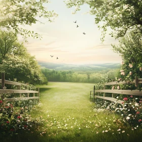 Peaceful Landscape with Flowers and Fence