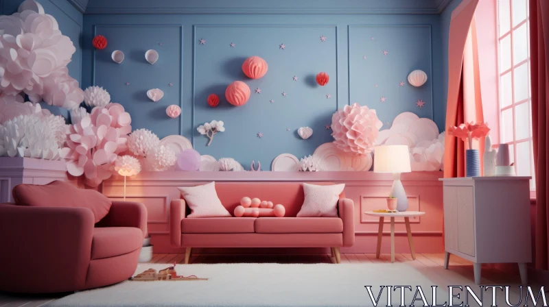 Dreamy Bedroom Scene with Pink Couch and Blue Walls - 3D Rendering AI Image