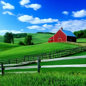 Rural Landscape with Red Barn and Green Pastures