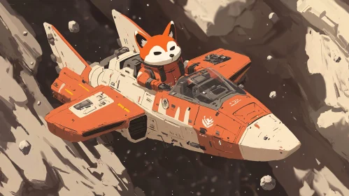 Cartoon Fox Flying Spaceship in Asteroid Field