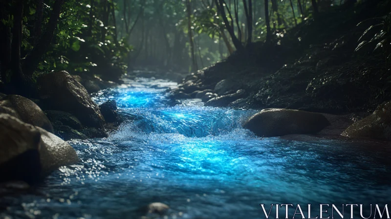 AI ART Enchanted Blue Stream in the Woods