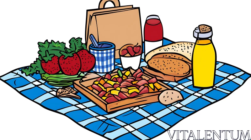 Picnic Spread on Blue Checkered Blanket AI Image