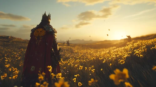 Crowned Figure in Floral Meadow at Dusk