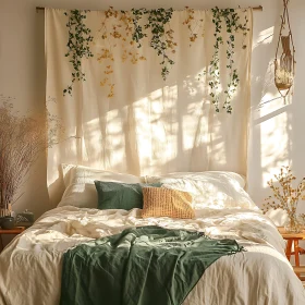 Sunlit Bedroom Interior with Green Accents