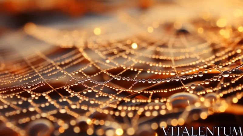Golden Dew Drops on Spider Web against Romantic Cityscape AI Image