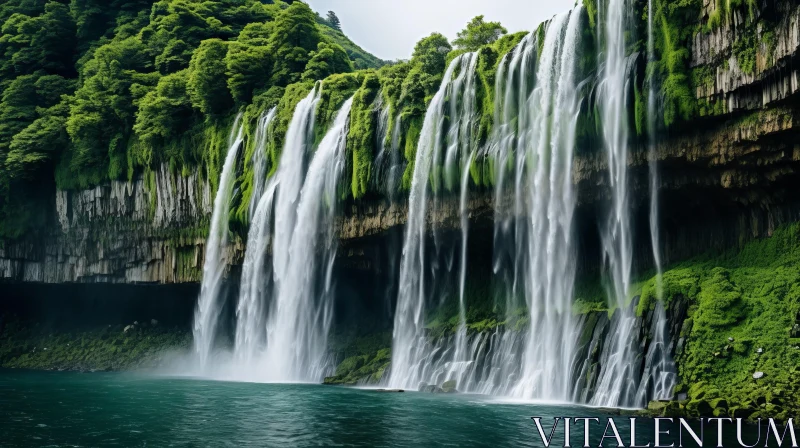 Majestic Waterfall in a Green Forest AI Image