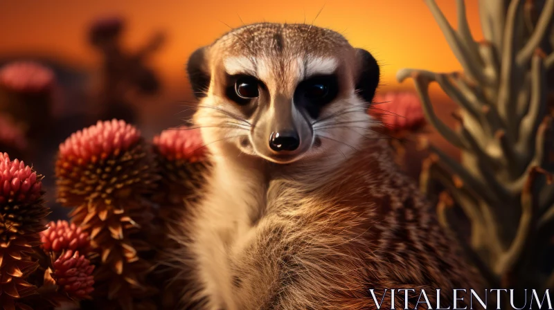 Realistic Meerkat Portraiture Amidst Desert Flora and Fauna AI Image