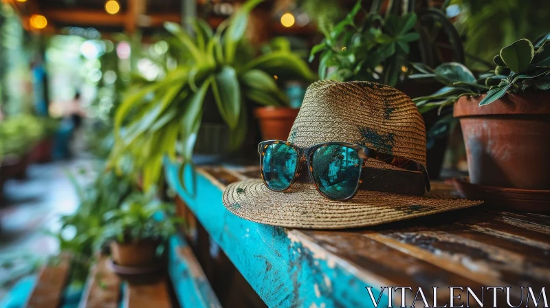 Straw Hat and Mirrored Sunglasses on Wooden Table | Vibrant Image AI Image