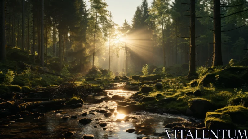 Sunlit Forest Stream: An Atmospheric Wilderness AI Image
