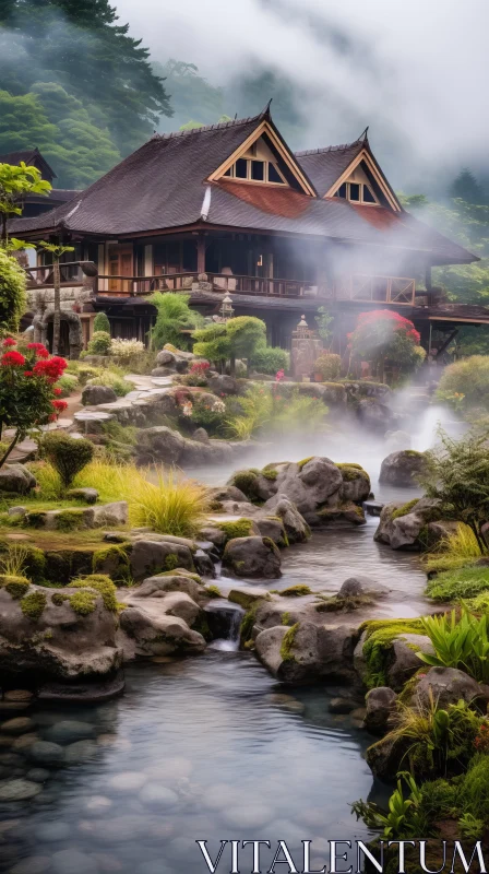 Tranquil Japanese-Style House and Pond in Mist | Balinese Motifs | Dreamscapes | Stone Carvings AI Image