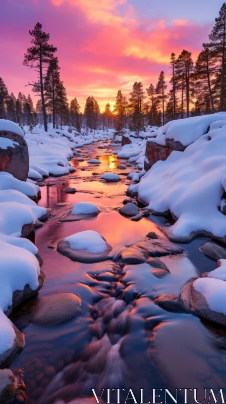 Tranquil Sunrise Scene in the Mountains | Snow-Covered Rocks and Flowing Stream AI Image