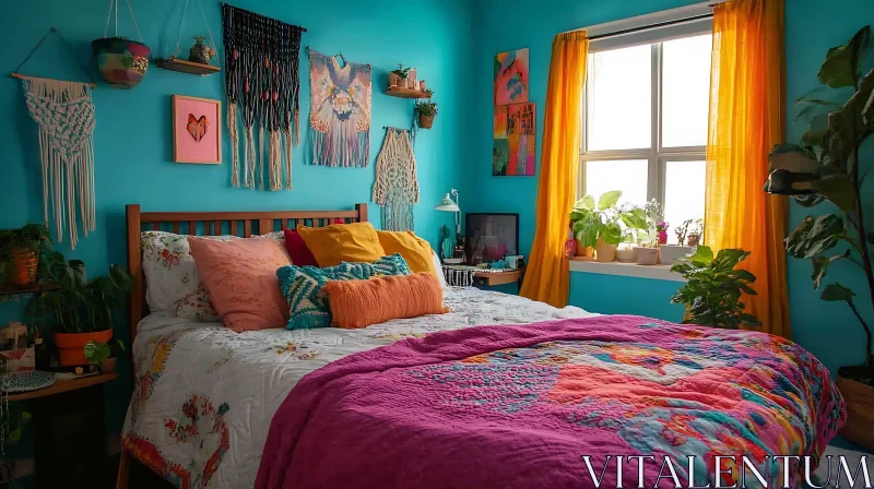 Colorful Bohemian Bedroom with Plants AI Image