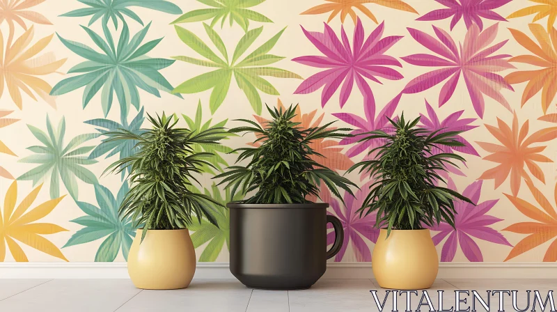 Indoor Plants with Colorful Floral Wallpaper AI Image