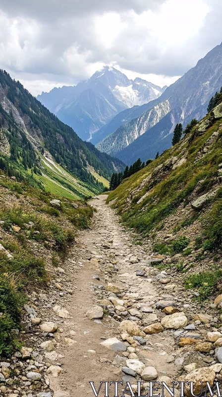 AI ART Majestic Mountain Path Leading Through Green Valley