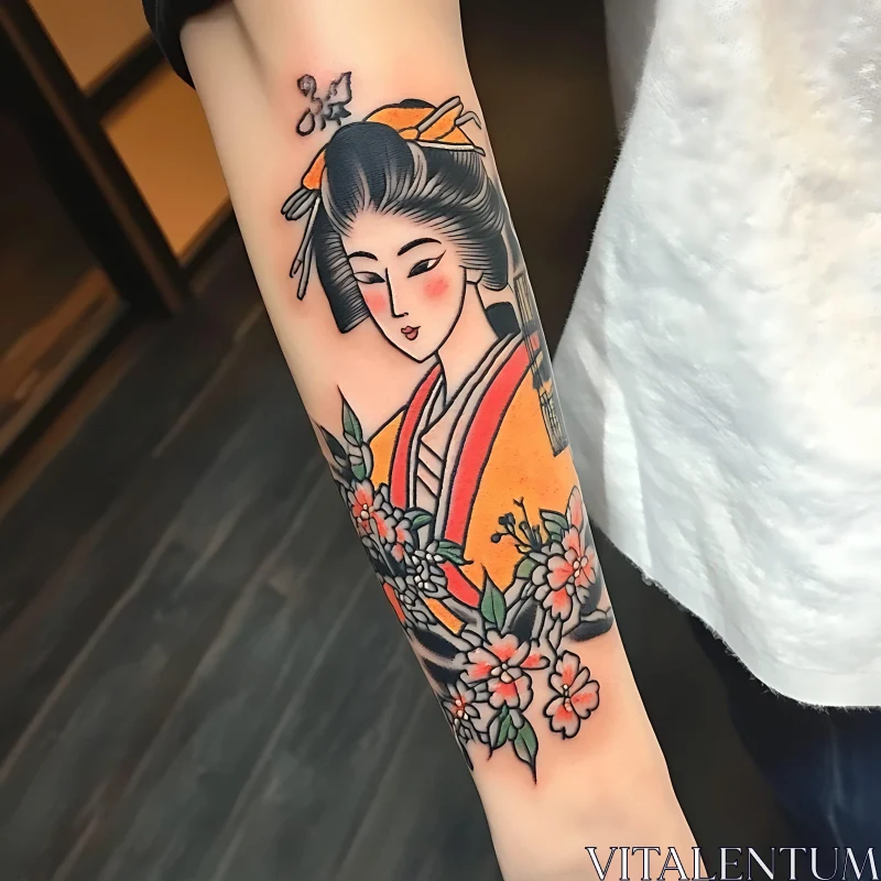 Intricate Geisha Arm Tattoo with Cherry Blossoms AI Image