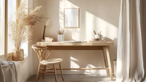 Sunlit Workspace with Wooden Furniture