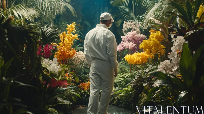 Person in White Among Blossoming Flowers AI Image