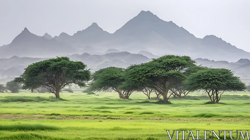 Lush Green Field and Distant Mountains AI Image