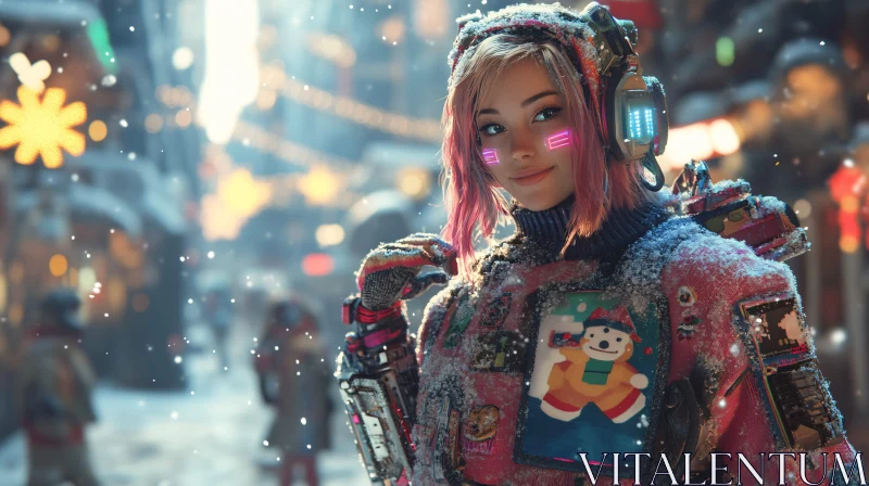 Snowy Cyberpunk Scene Featuring Cyborg Girl AI Image