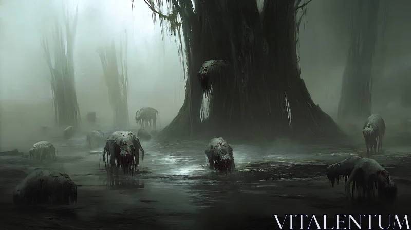 AI ART Grotesque Figures in Foggy Swamp