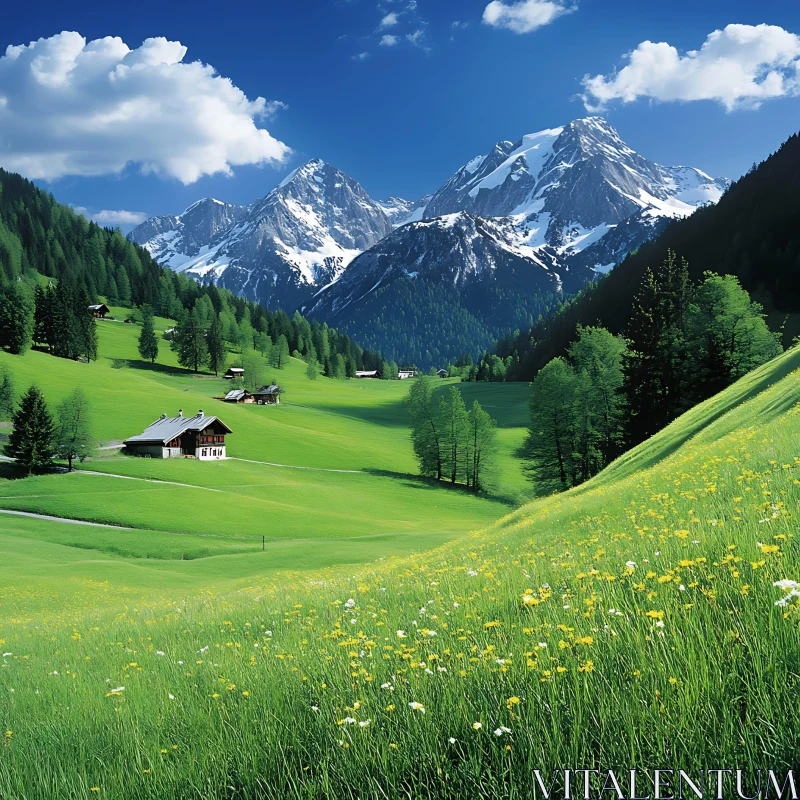 AI ART Alpine Meadow with Snow Peaks