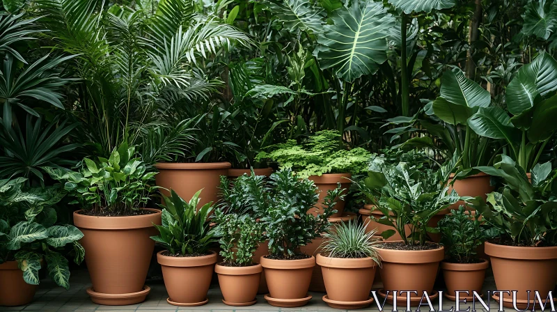 Lush Greenery in Terracotta Pots Display AI Image