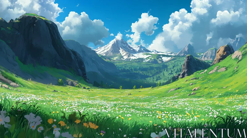 AI ART Picturesque Mountain Valley with Wildflowers