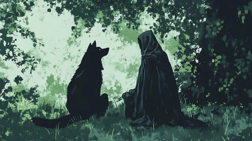 Wolf and the mysterious hooded figure