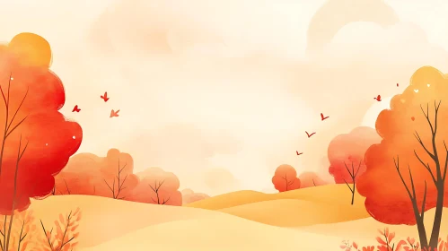 Scenic Autumn Landscape with Flying Birds