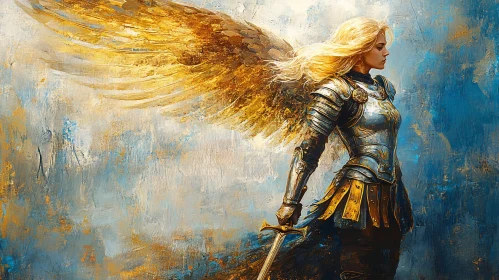 Golden Winged Warrior Angel Painting