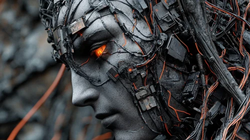 Detailed Cyborg Face with Wires and Implants