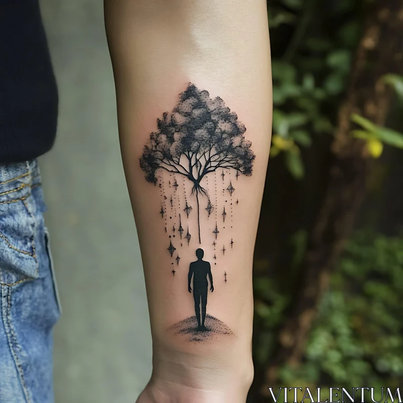 Tree and Silhouette Forearm Tattoo Design AI Image