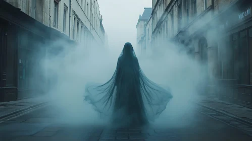 Ghostly Figure in Misty Alleyway